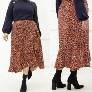 Eloquii Skirt Size 28  Leopard Print Satin Ruffle Midi Skirt